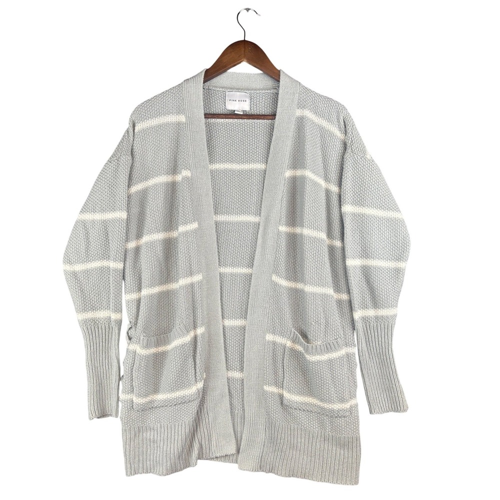 Pink Rose Womens Medium Grey White Striped Lace Up Side Open Front Cardigan Y2K